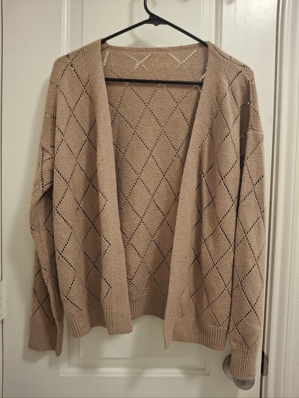 SHEIN Beige Open-Front Diamond Eyelet Cardigan